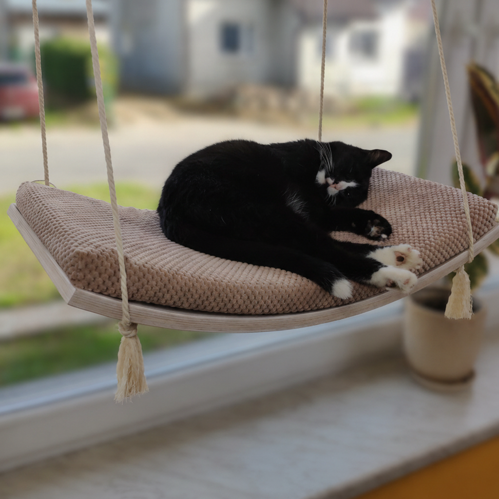 Cat Window Hammock - The Arcing View in White, Cream cushion