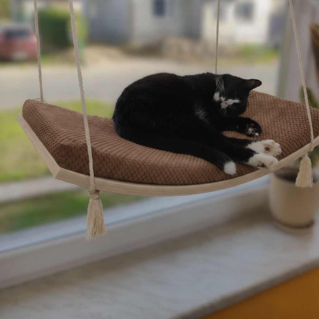 Cat Window Hammock - The Arcing View in Natural Beech, Dark Chocolate cushion