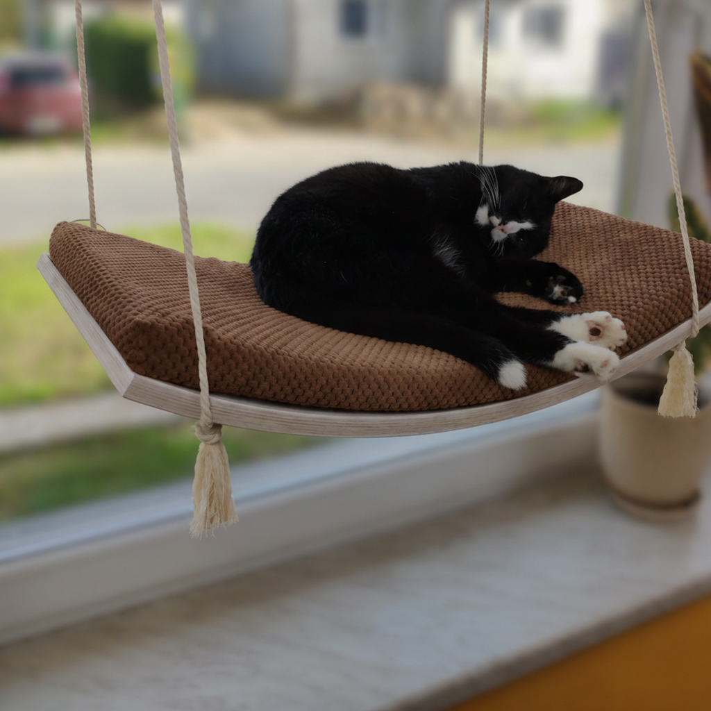 Cat Window Hammock - The Arcing View in White, Dark Chocolate cushion