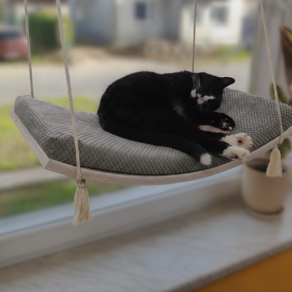 Cat Window Hammock - The Arcing View in Natural Beech, Dark Grey cushion