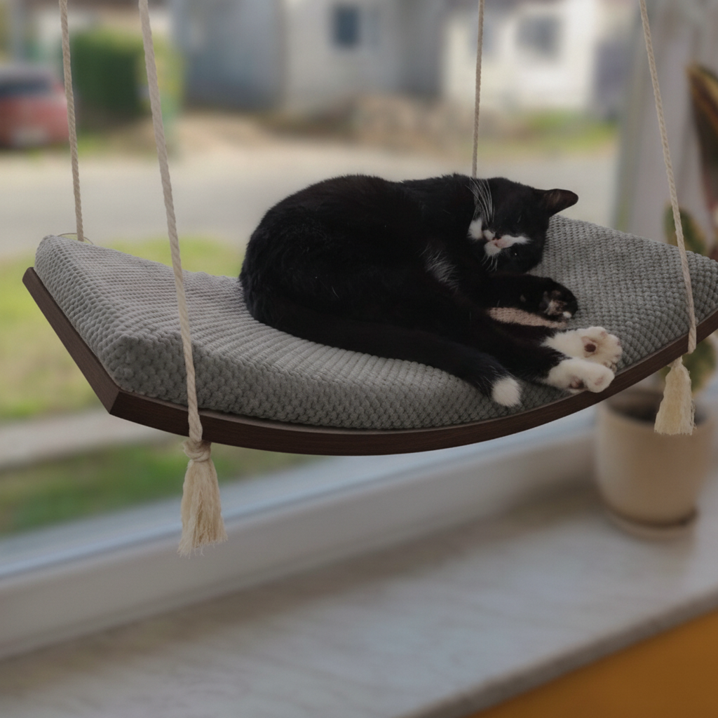 Cat Window Hammock - The Arcing View in Wenge, Dark Grey cushion
