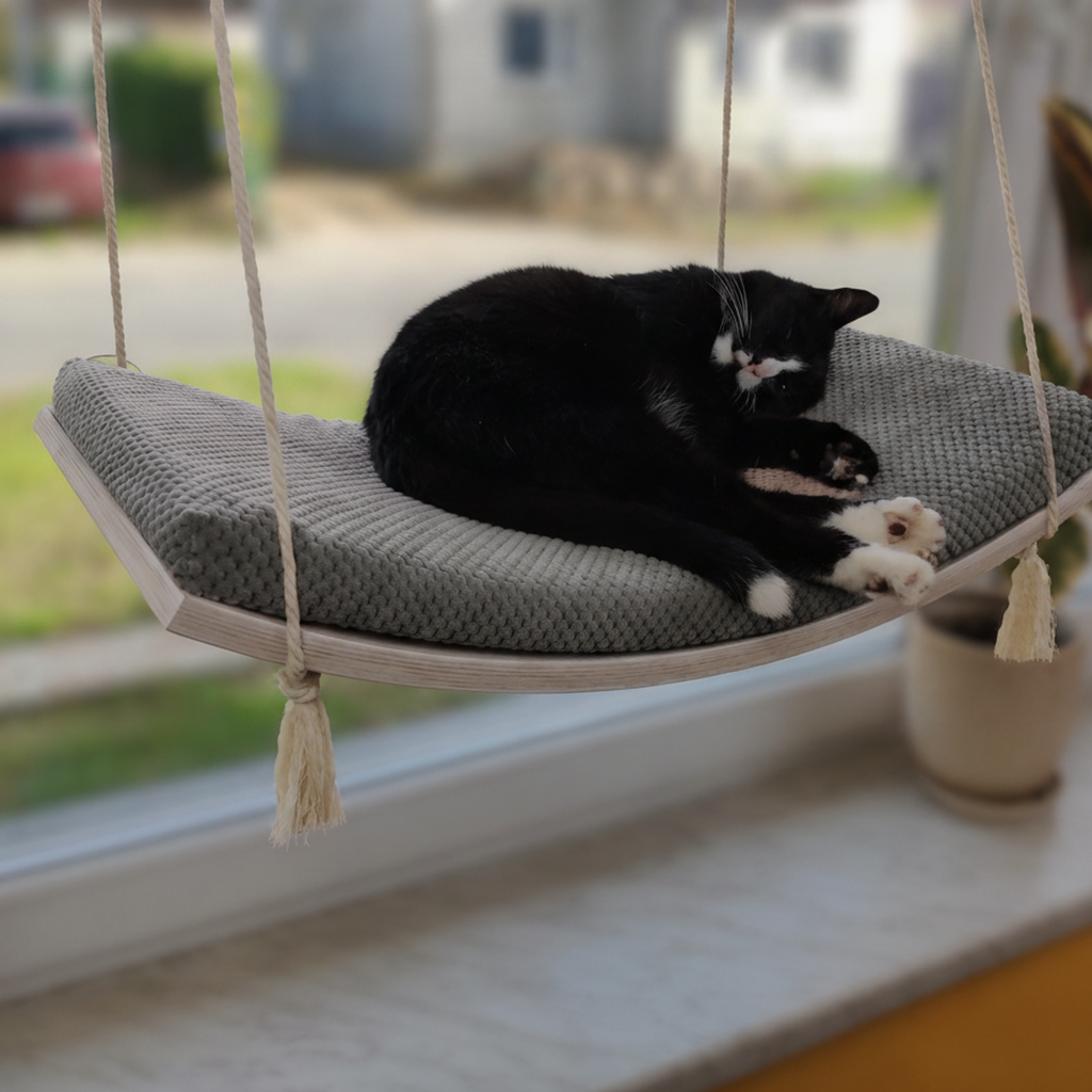 Cat Window Hammock - The Arcing View in White, Dark Grey cushion
