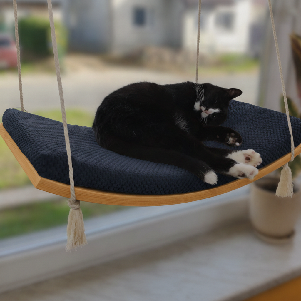 Cat Window Hammock - The Arcing View in Golden Oak, Deep Navy Blue cushion