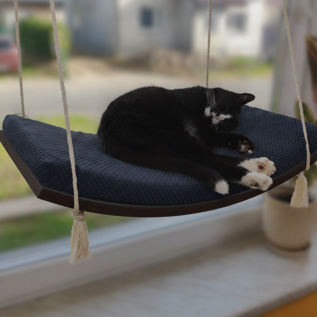 Cat Window Hammock - The Arcing View in Wenge, Deep Navy Blue cushion