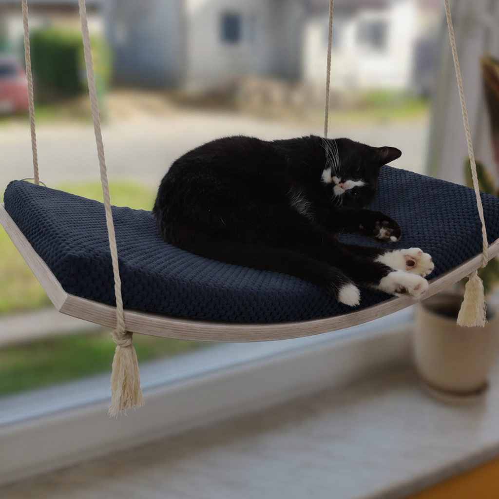 Cat Window Hammock - The Arcing View in White, Deep Navy Blue cushion