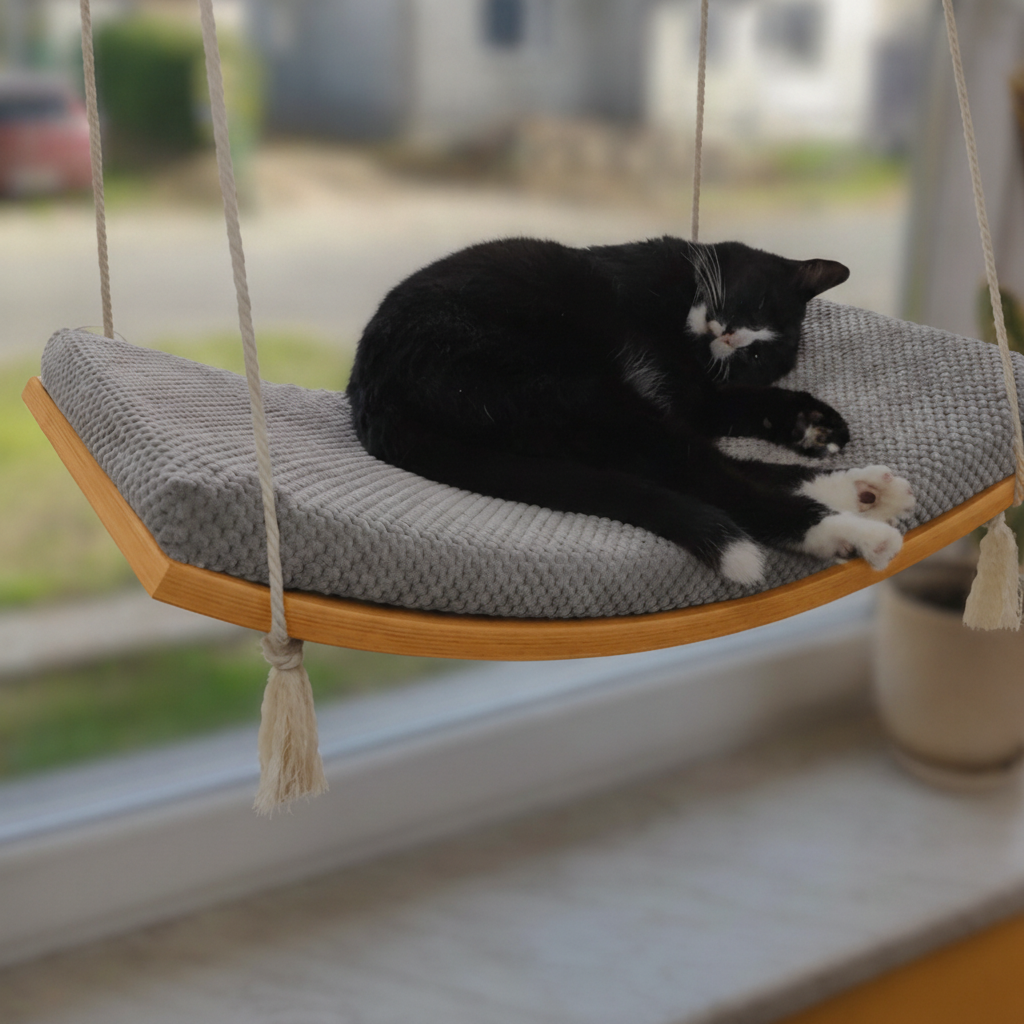 Cat Window Hammock - The Arcing View in Golden Oak, Grey cushion