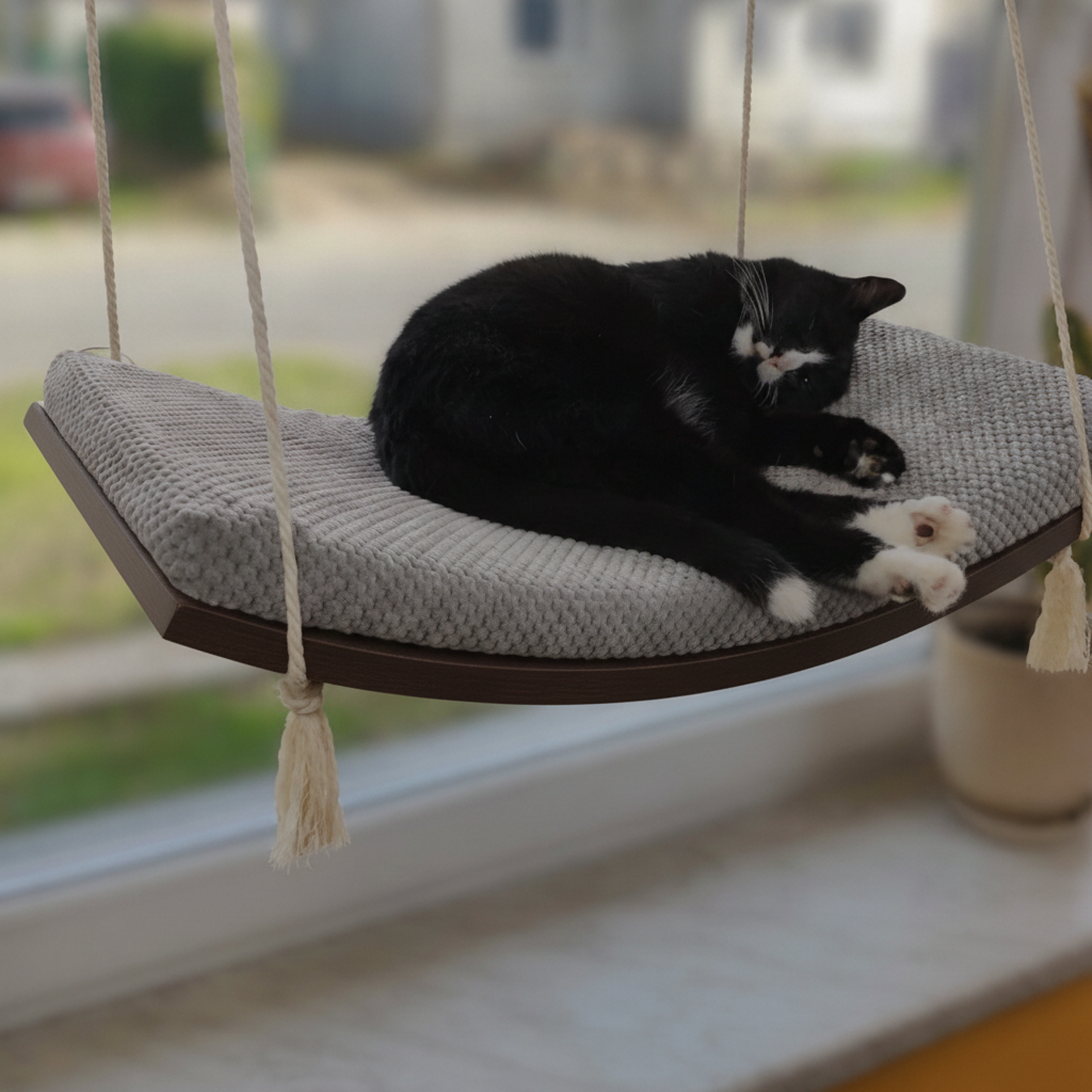 Cat Window Hammock - The Arcing View in Wenge, Grey cushion