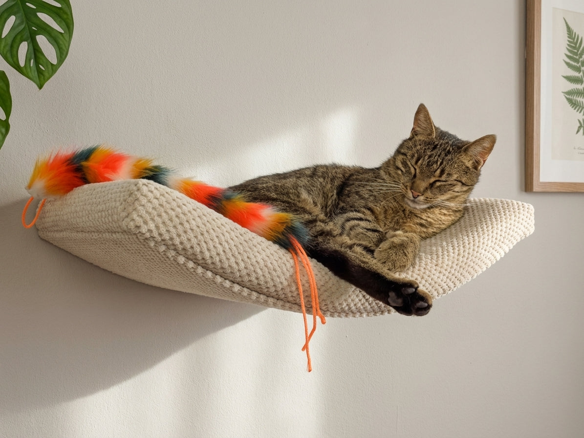 Tabby cat sleeping on beige fabric wall-mounted cat shelf with colorful feather toys attached to frame