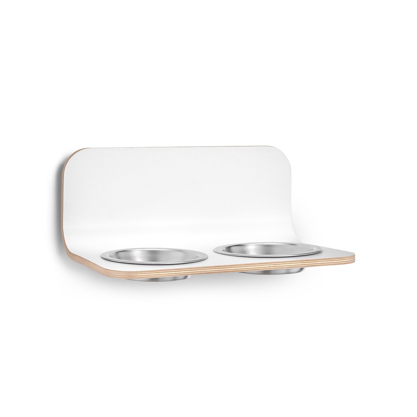 Close-up view of MiaCara Arco designer cat feeder showing German engineered steel bowls