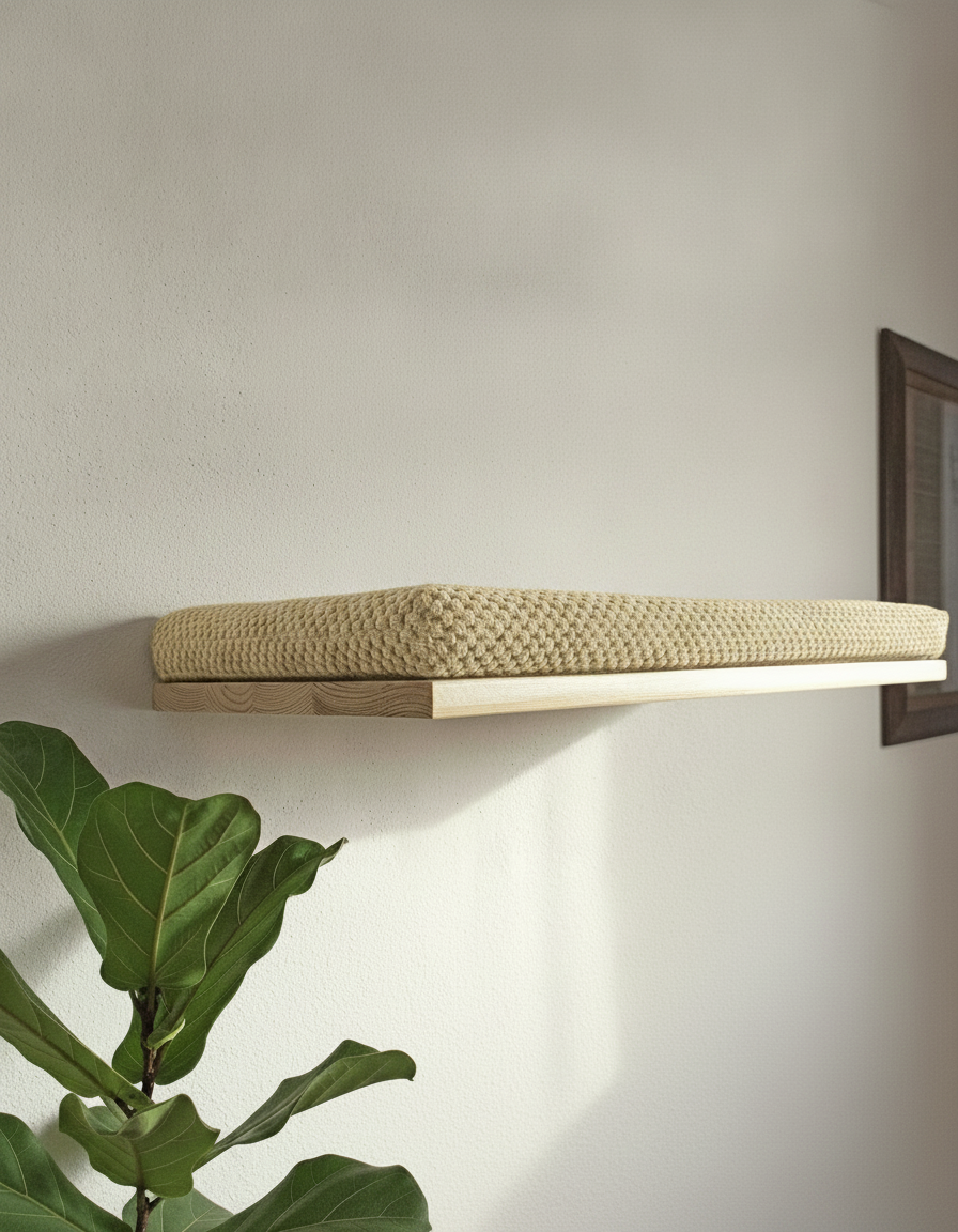 Floating Cat Wall Shelf - The Cozy Nook in Natural Pine, Cream cushion