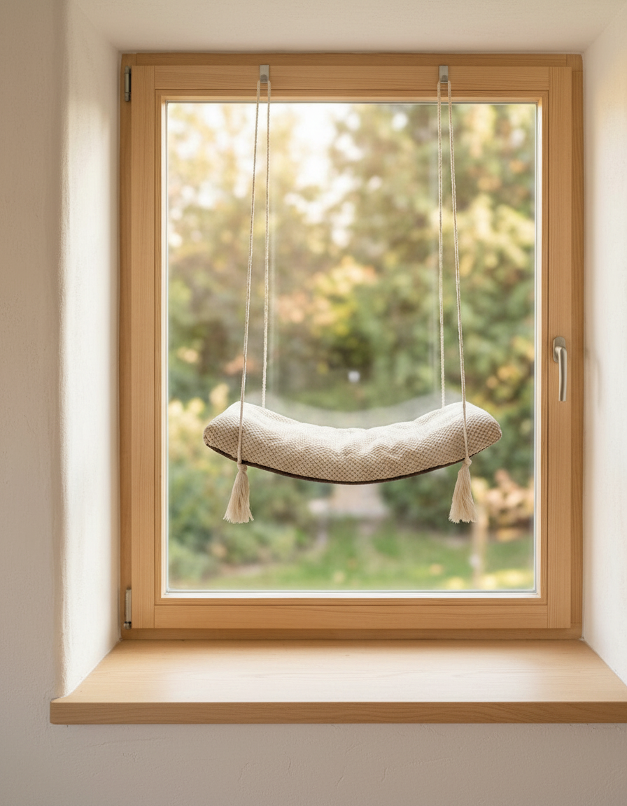 Cat Window Hammock - The Arcing View with Cream DOT cushion