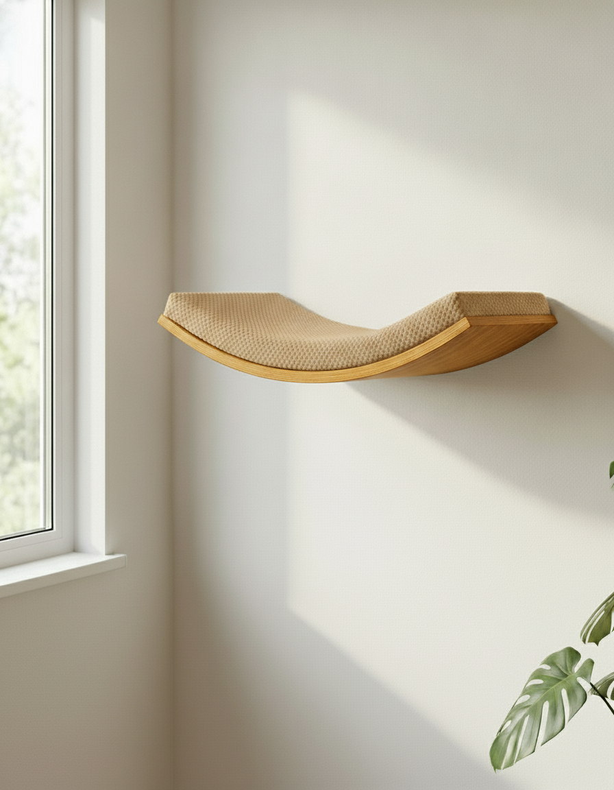 Floating Cat Wall Shelf - Softly Shaped in Golden Oak, Beige cushion