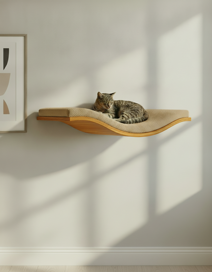 Floating Cat Wall Shelf - The Wavey Retreat in Golden Oak, Beige cushion