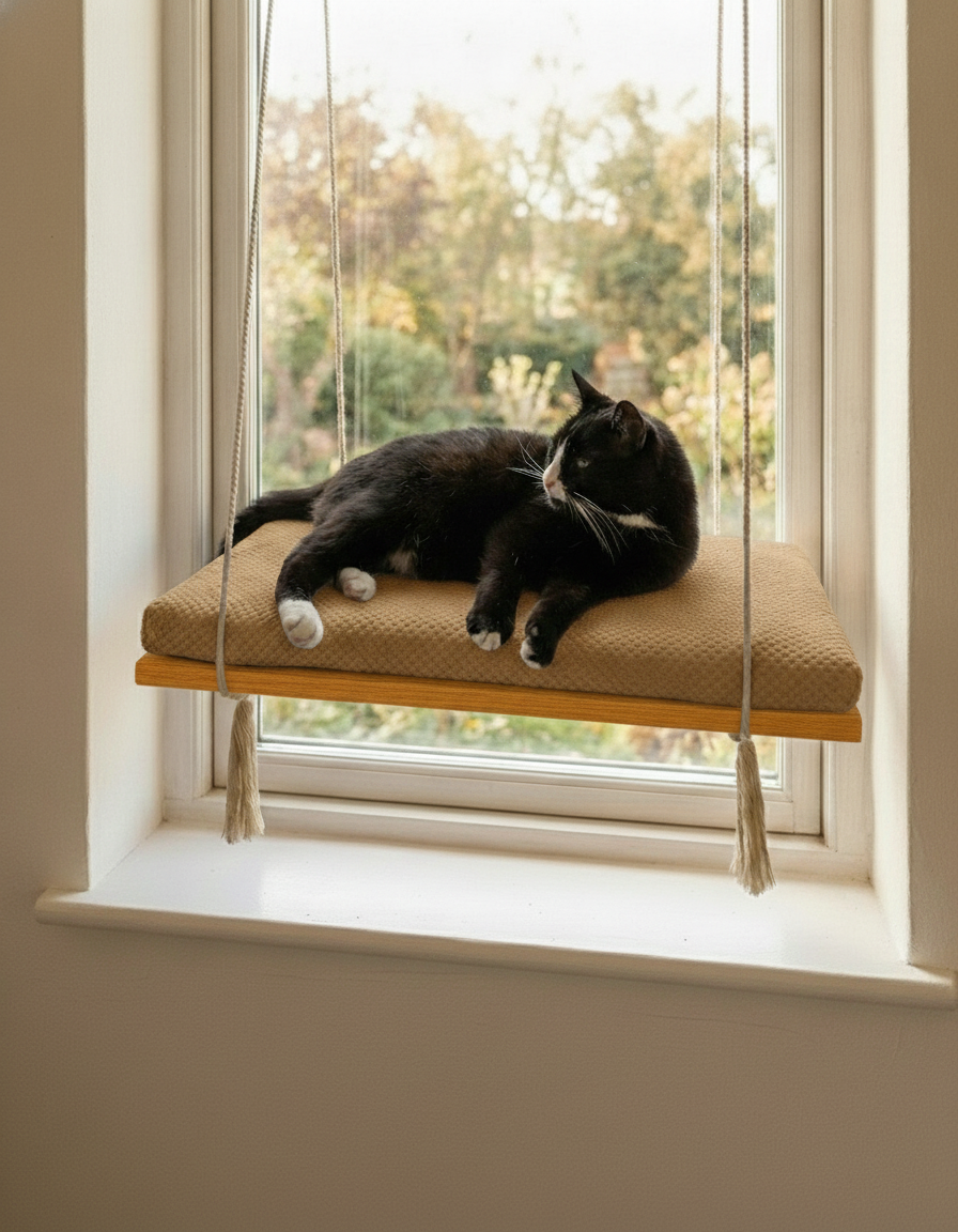 Cat Window Perch - Pine Wood - The Sunny Spot in Golden Oak, Beige cushion