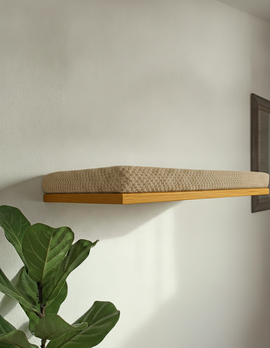 Floating Cat Wall Shelf - The Cozy Nook in Golden Oak, Beige cushion