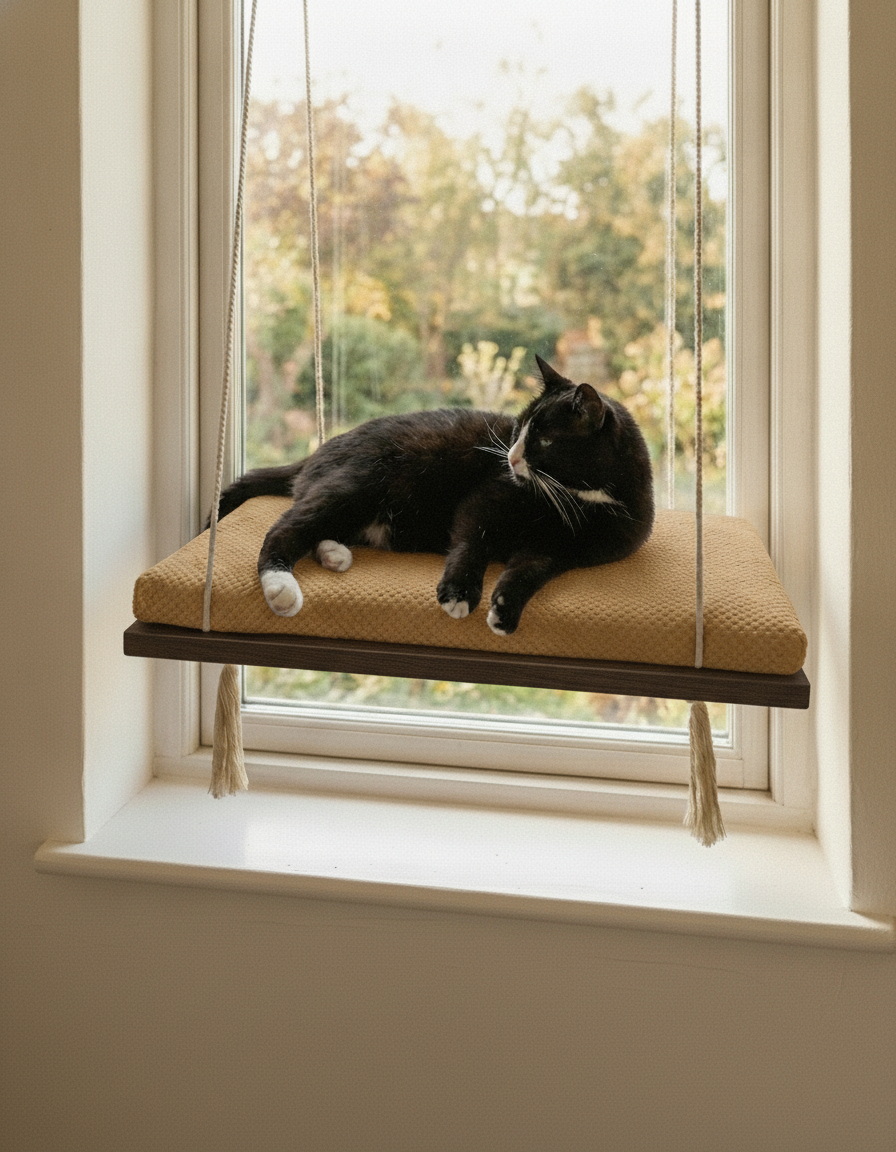 Cat Window Perch - Pine Wood - The Sunny Spot in Wenge, Beige cushion