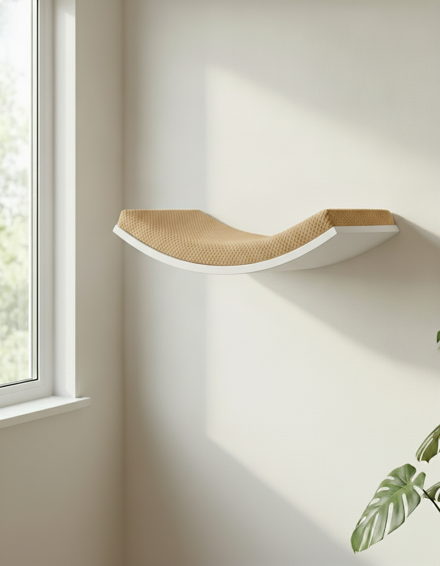 Floating Cat Wall Shelf - Softly Shaped in White, Beige cushion