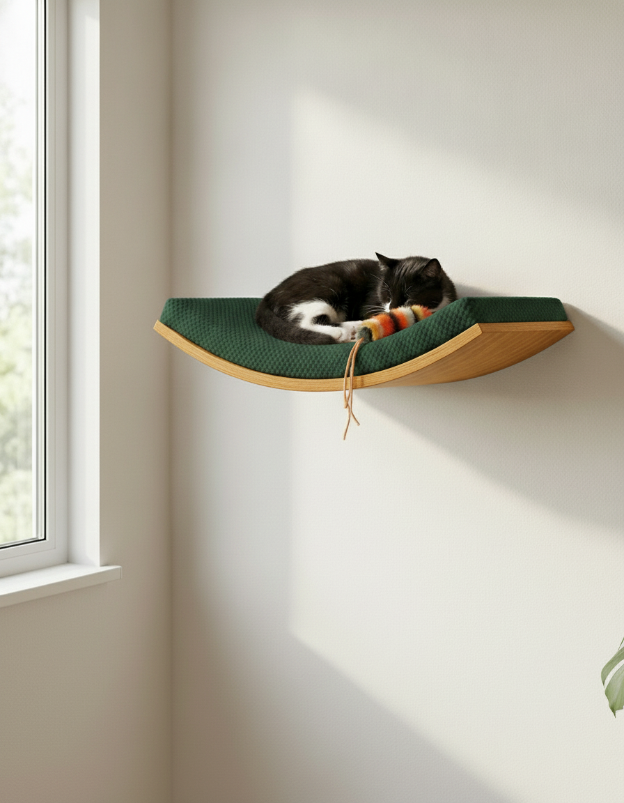 Floating Cat Wall Shelf - Softly Shaped in Golden Oak, Bottle Green cushion