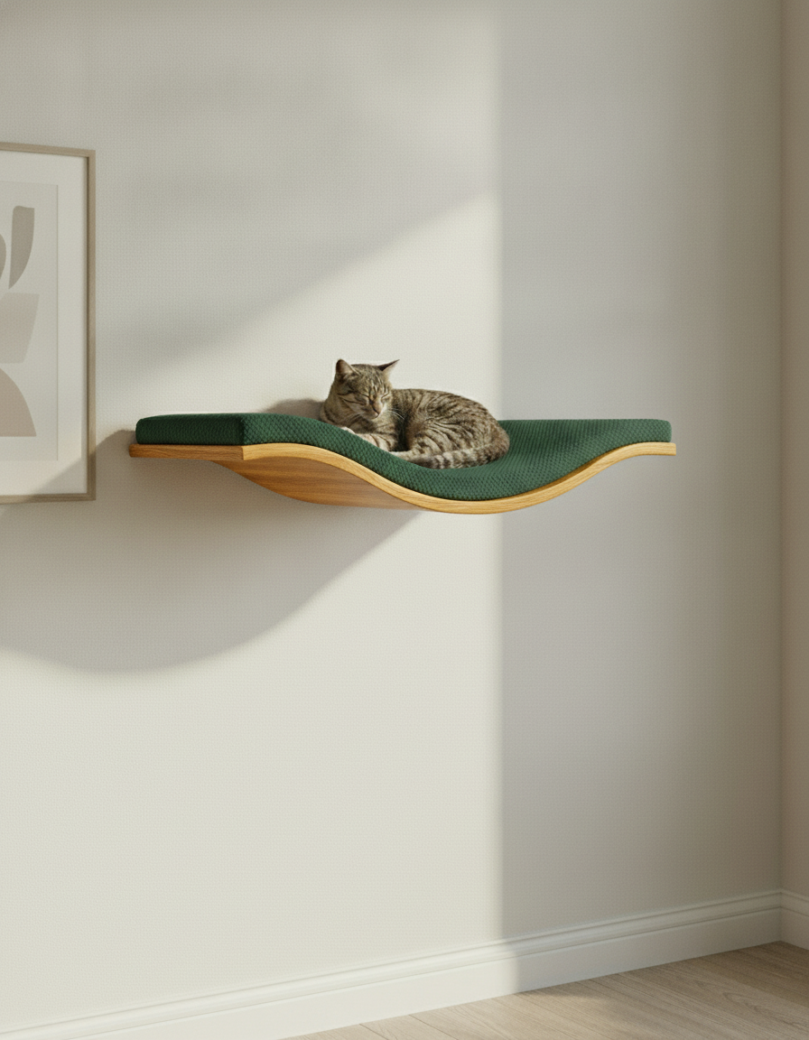 Floating Cat Wall Shelf - The Wavey Retreat in Golden Oak, Bottle Green cushion