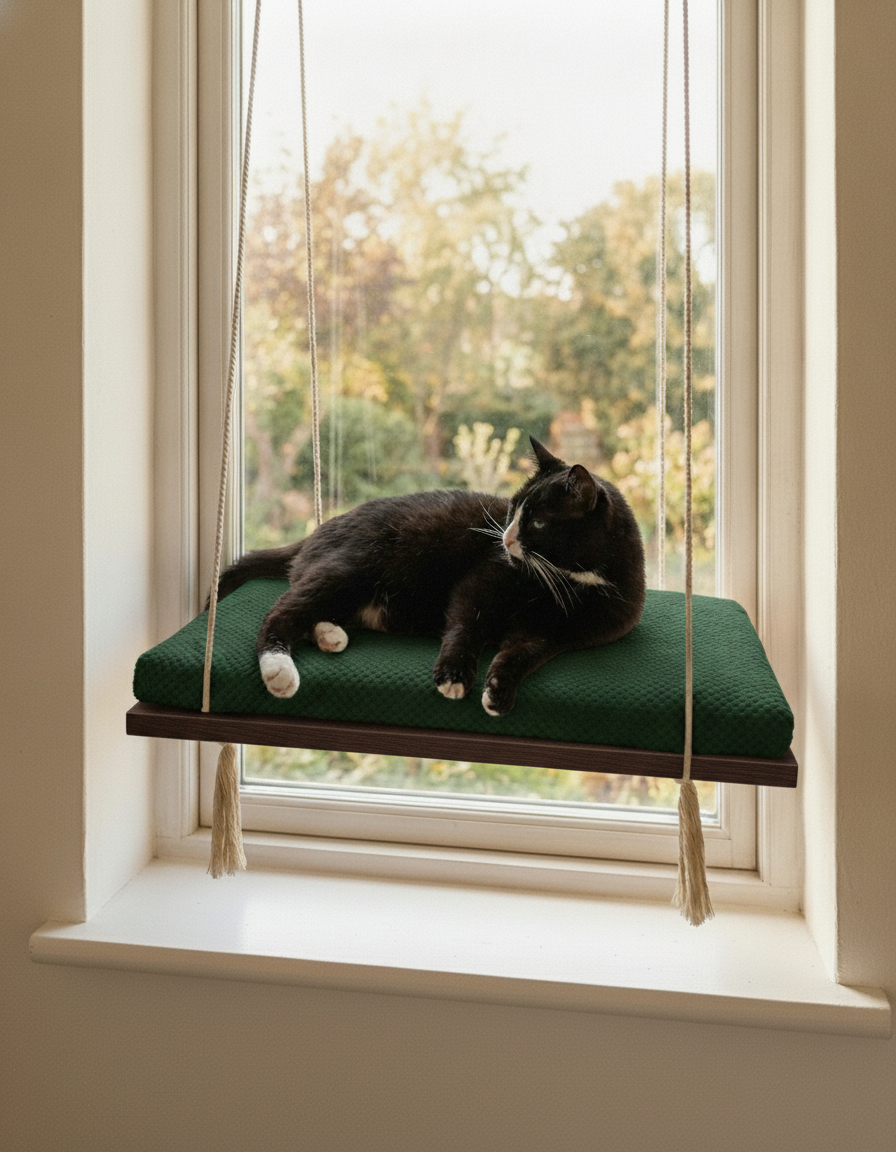 Cat Window Perch - Pine Wood - The Sunny Spot in Wenge, Bottle Green cushion