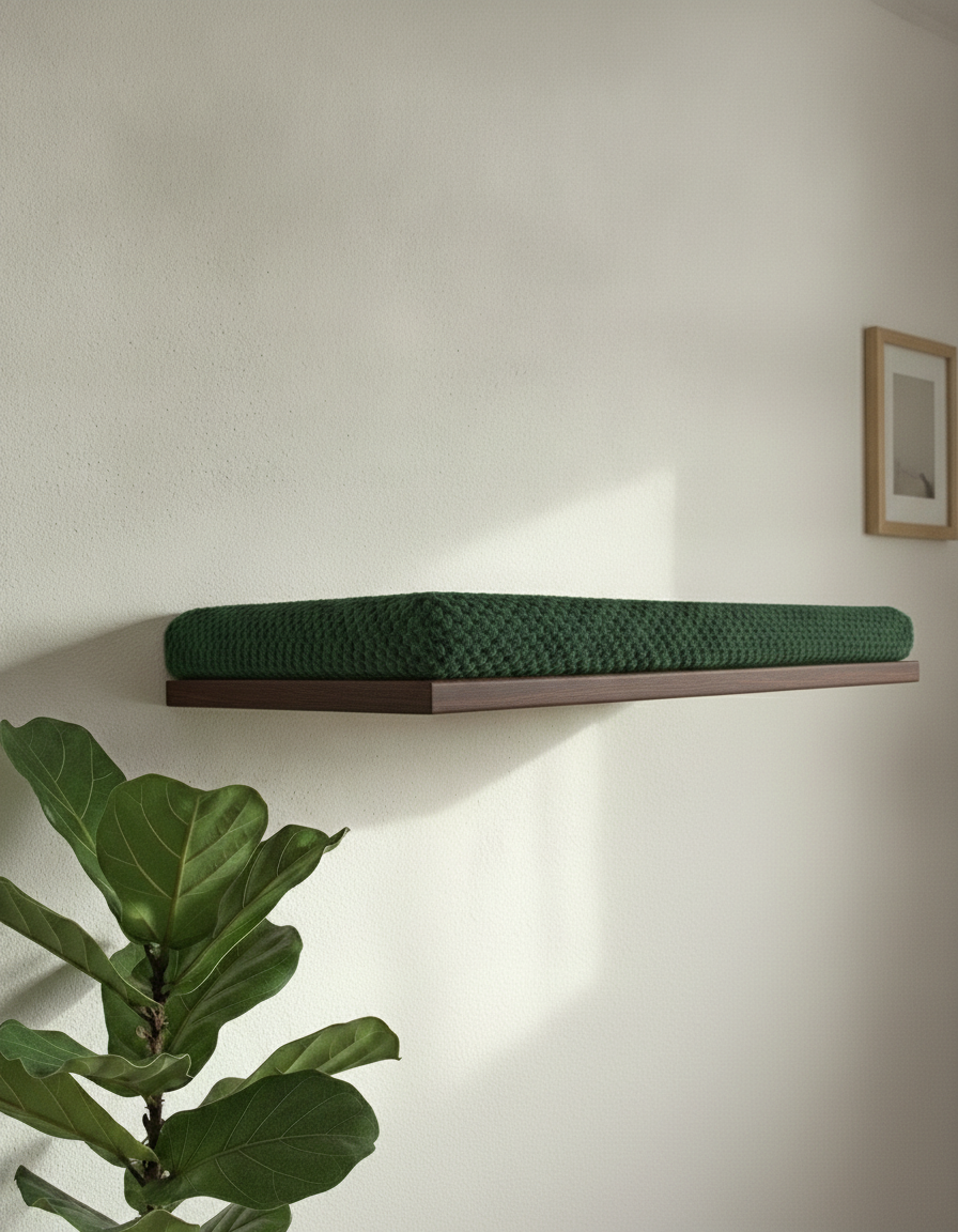 Floating Cat Wall Shelf - The Cozy Nook in Wenge, Bottle Green cushion