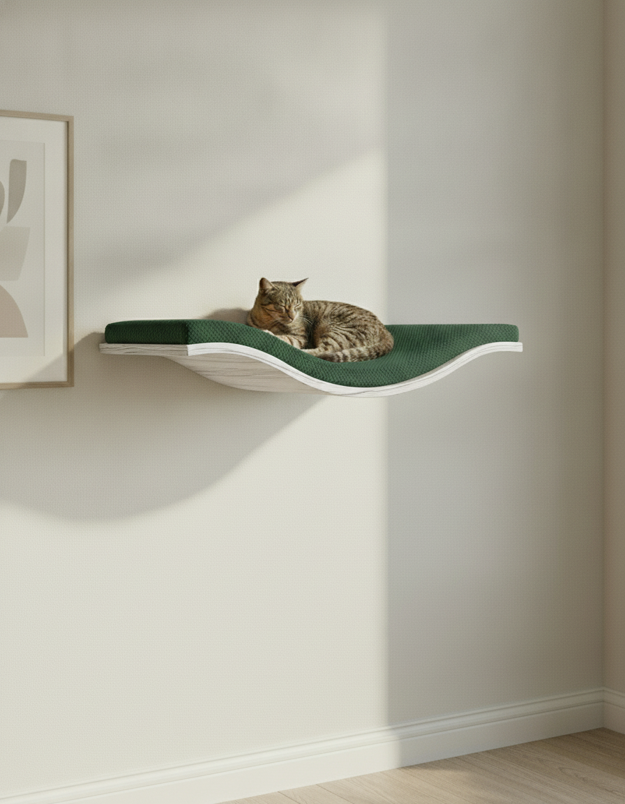 Floating Cat Wall Shelf - The Wavey Retreat in White, Bottle Green cushion