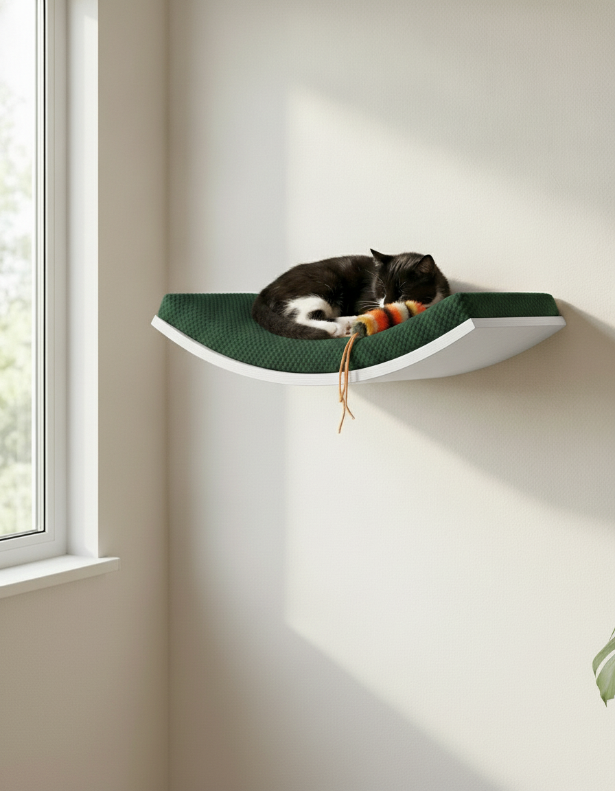 Floating Cat Wall Shelf - Softly Shaped in White, Bottle Green cushion