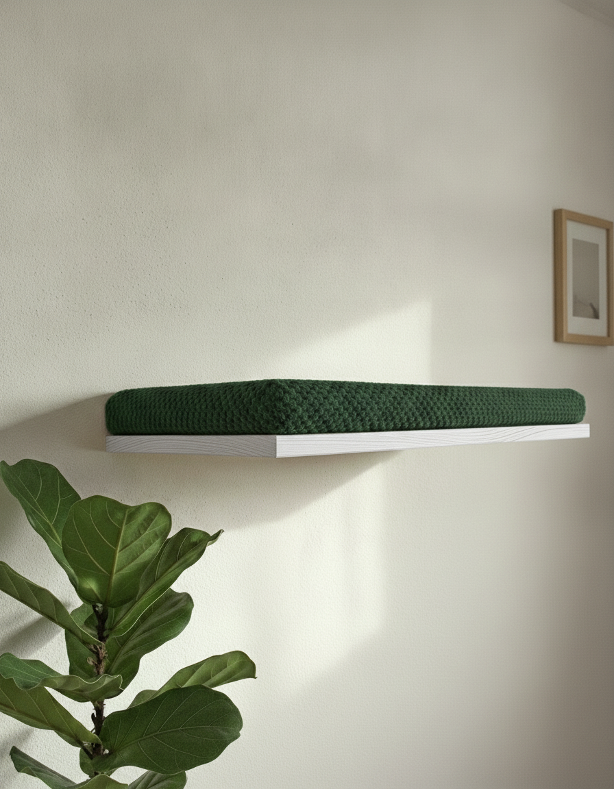 Floating Cat Wall Shelf - The Cozy Nook in White, Bottle Green cushion