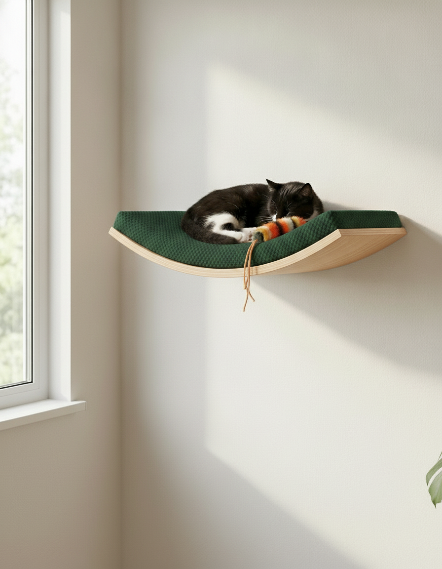 Floating Cat Wall Shelf - Softly Shaped in Natural Beech, Bottle Green cushion