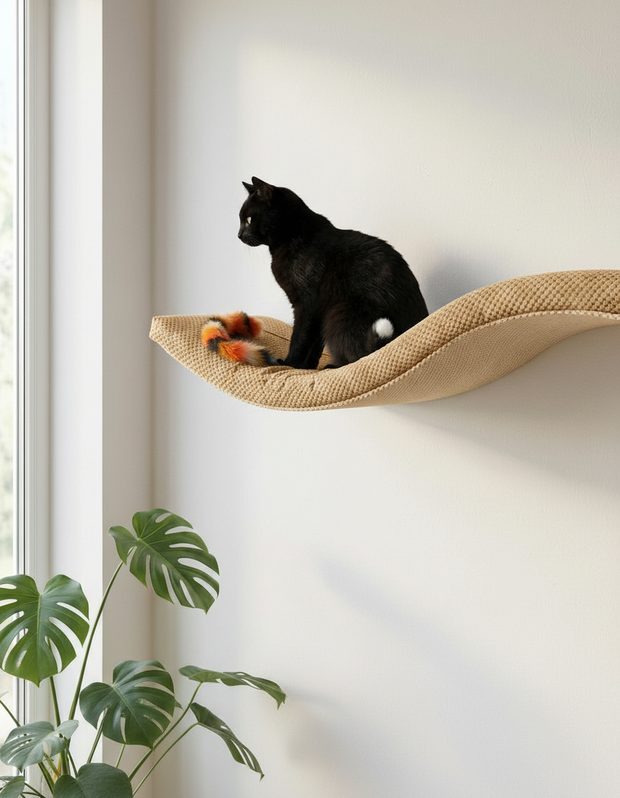 Cat Wall Shelf - The Playful Curve with Cream DOT cushion