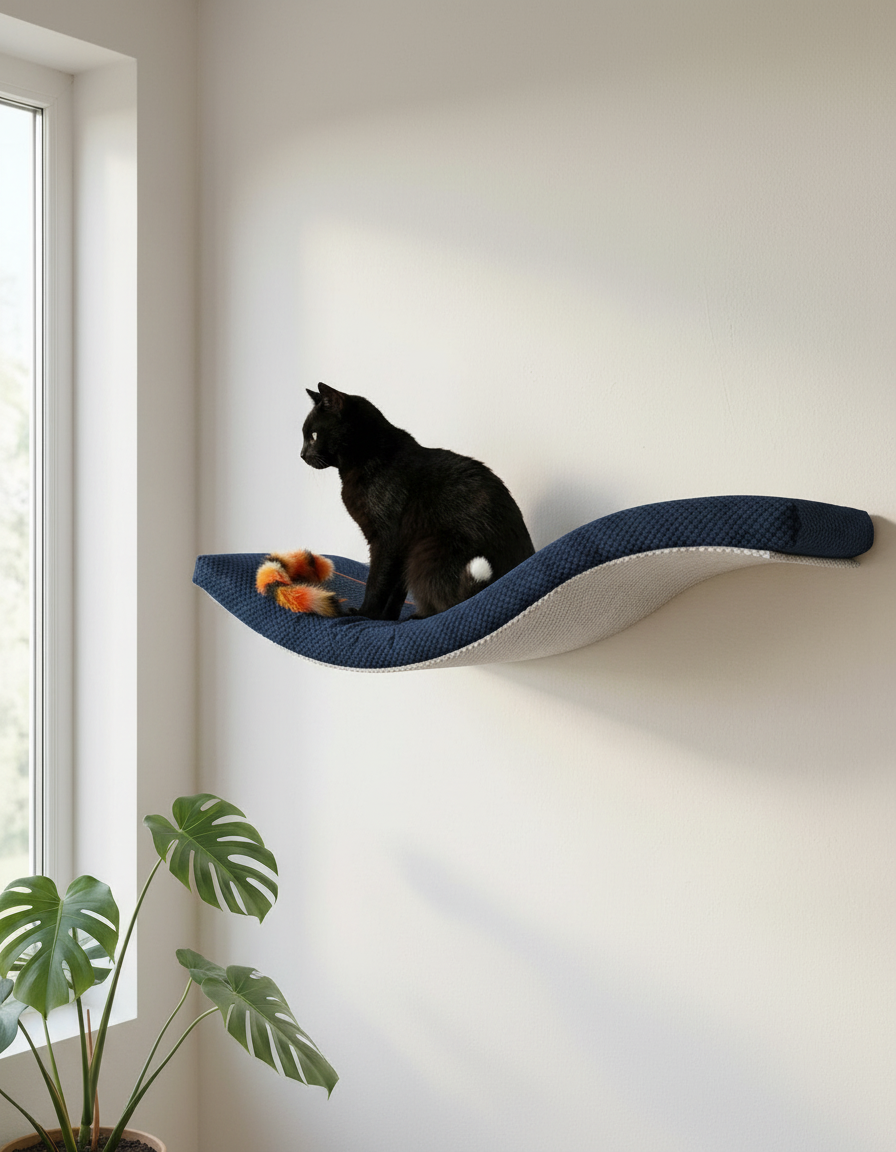 Cat Wall Shelf - The Playful Curve with Deep Navy Blue DOT cushion