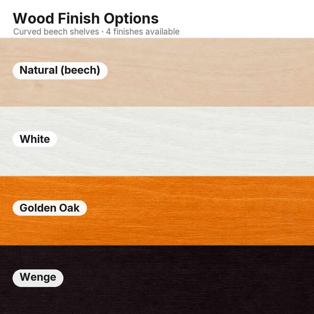 Cat's Atelier beech wood shelf finish options: Natural, White, Golden Oak and Wenge