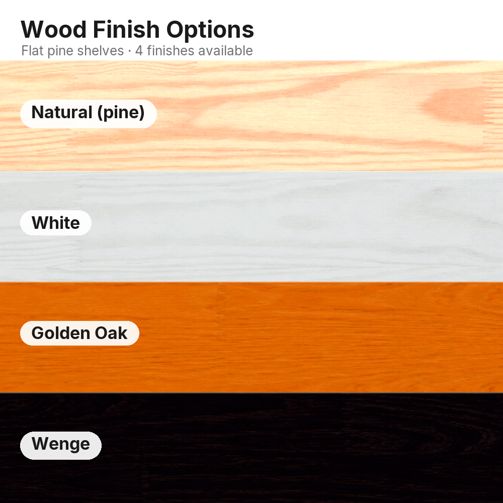 Cat's Atelier pine wood shelf finish options: Natural, White, Golden Oak and Wenge