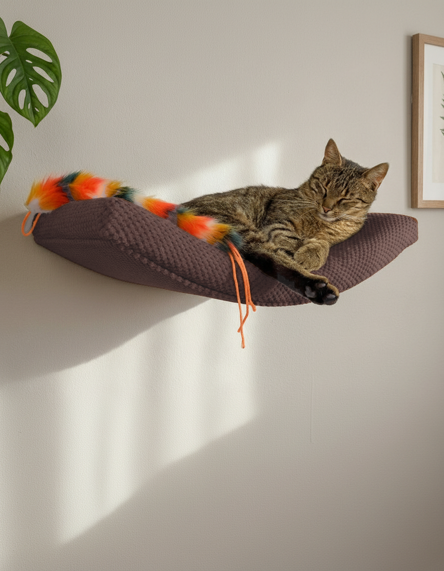 Cat Wall Shelf - The Arcing Haven with Chocolate DOT cushion