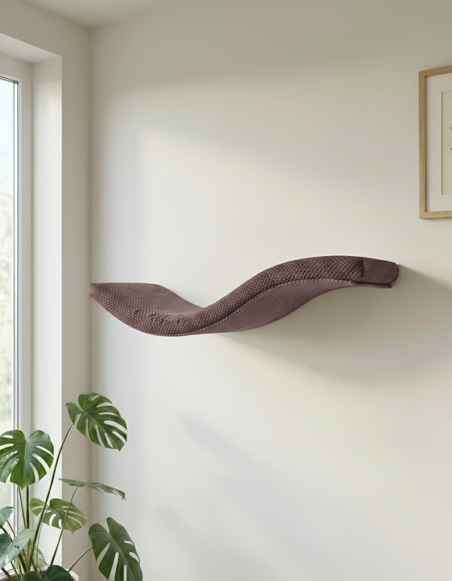 Cat Wall Shelf - The Playful Curve with Chocolate DOT cushion