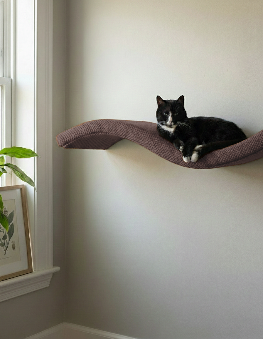 Cat Wall Shelf - The Wave with Chocolate DOT cushion