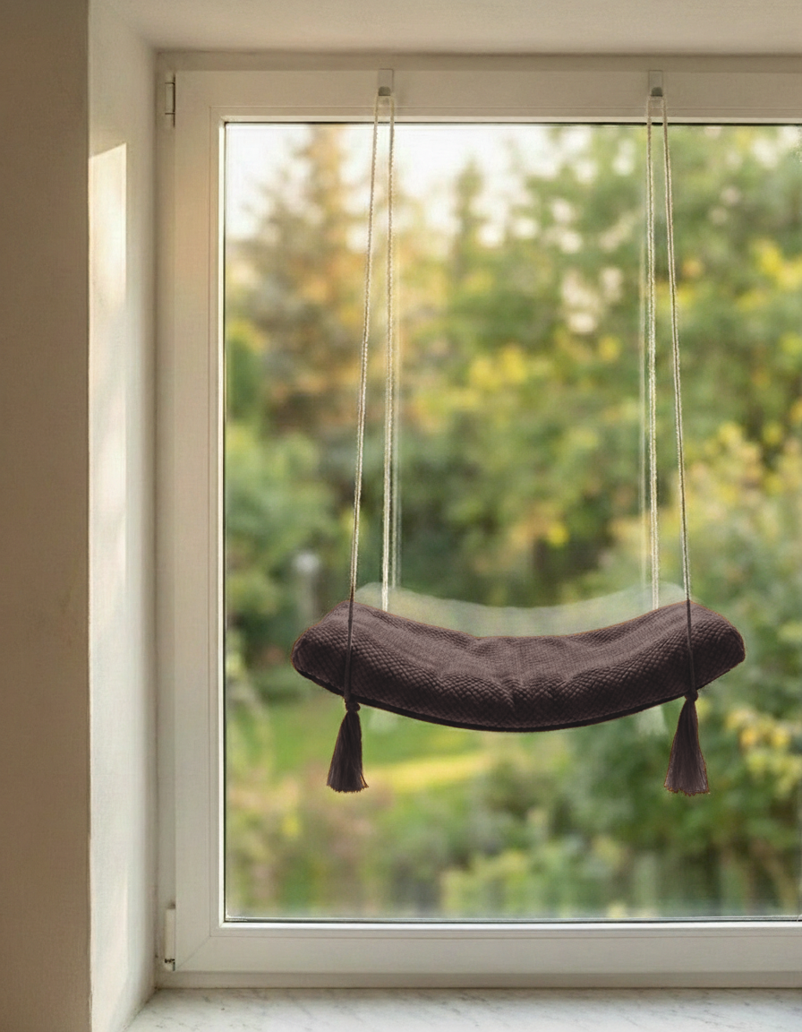 Cat Window Shelf - The Arcing View with Chocolate DOT cushion