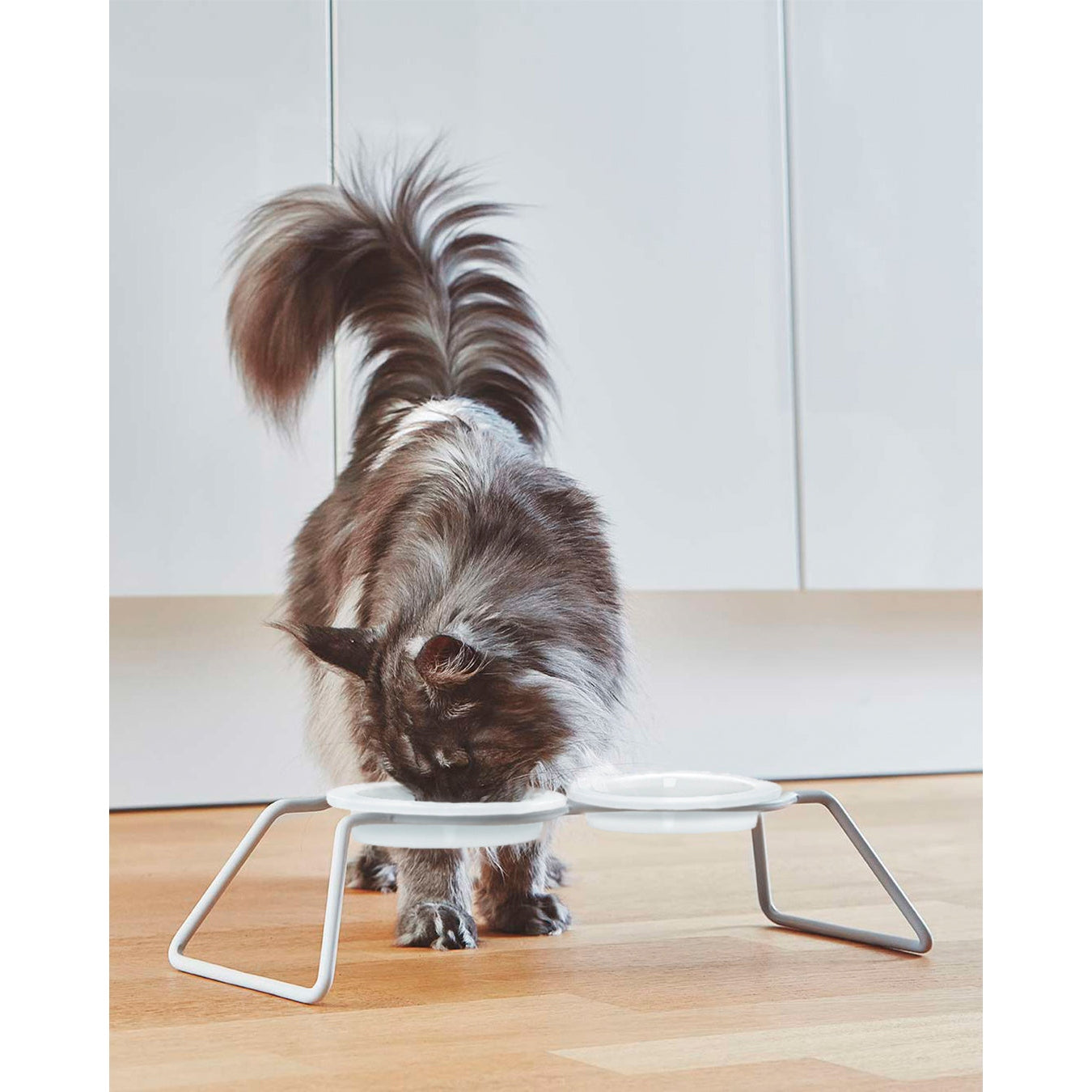 Detailed view of MiaCara Cena elevated cat feeder's German-designed steel construction