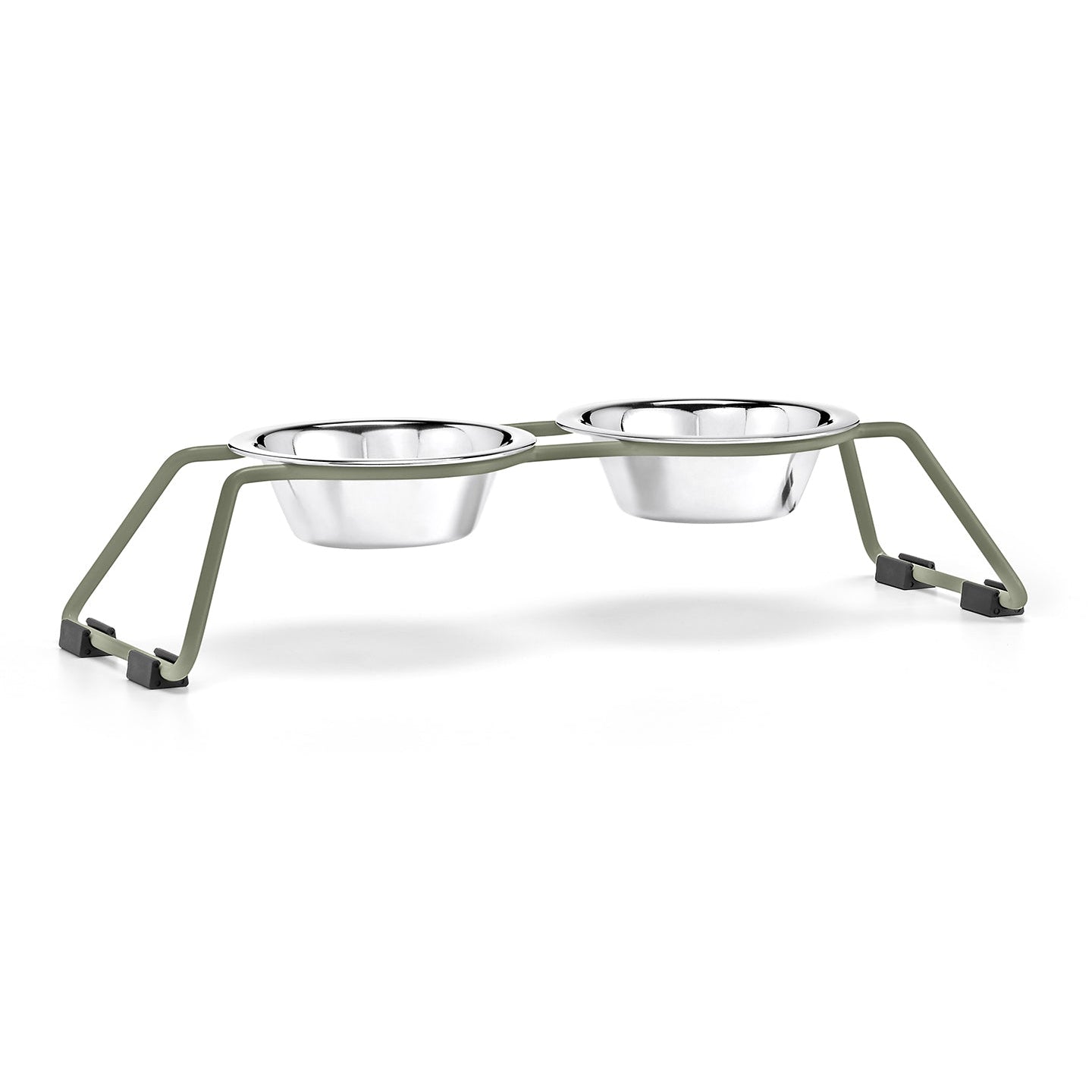MiaCara Cena Elevated Dog Feeder in grolive with two stainless steel bowls on white background