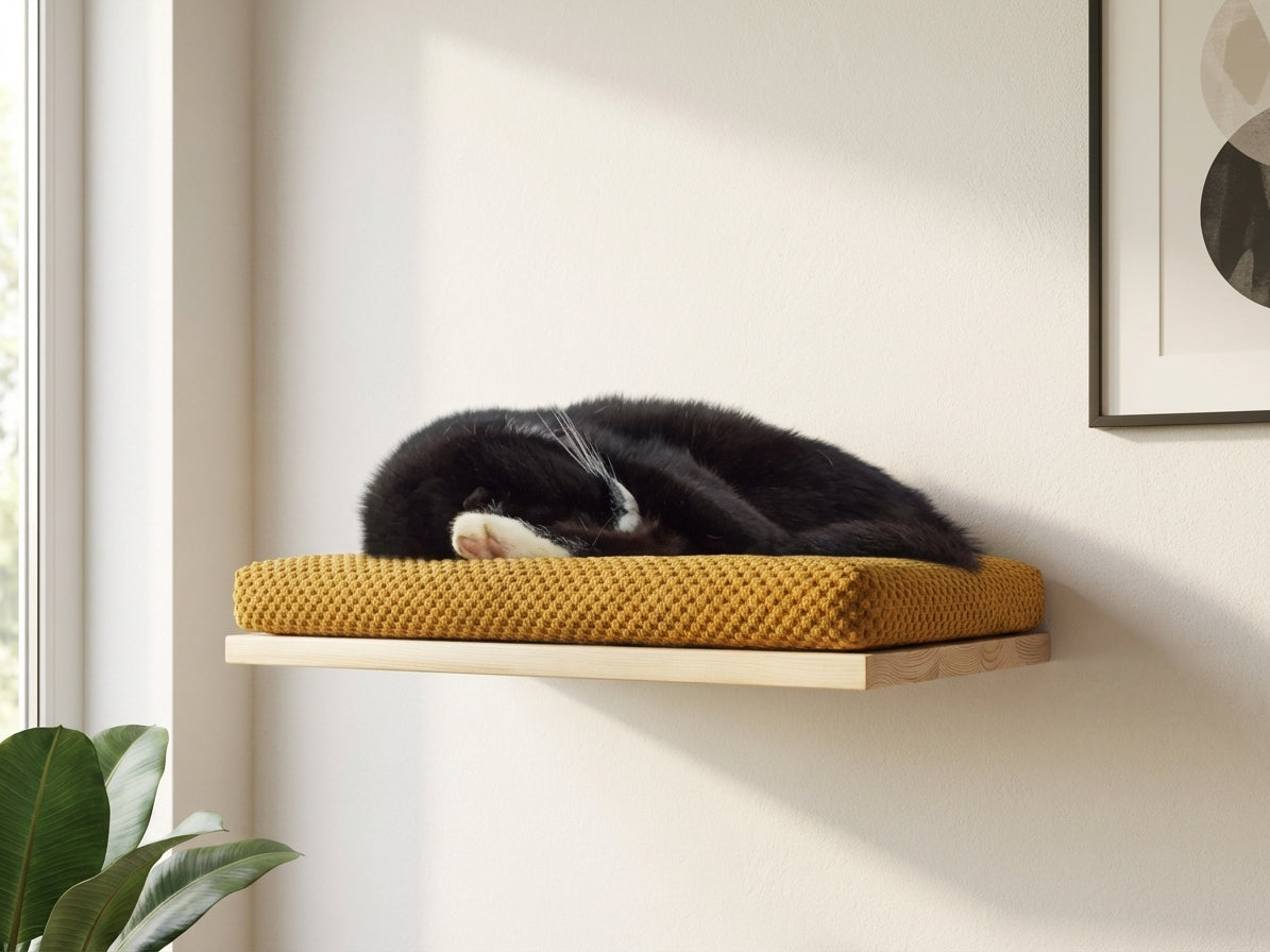 A black cat sleeping on a yellow cushion on a wooden Cat's Atelier Floating Cat Wall Shelf