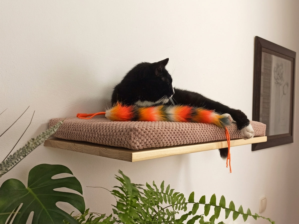 A black and white cat resting on a Cat's Atelier Floating Cat Wall Shelf with a beige cushion