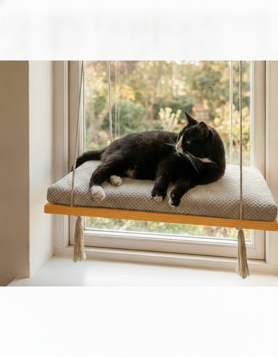 Cat Window Perch - Pine Wood - The Sunny Spot in Golden Oak, Cream cushion