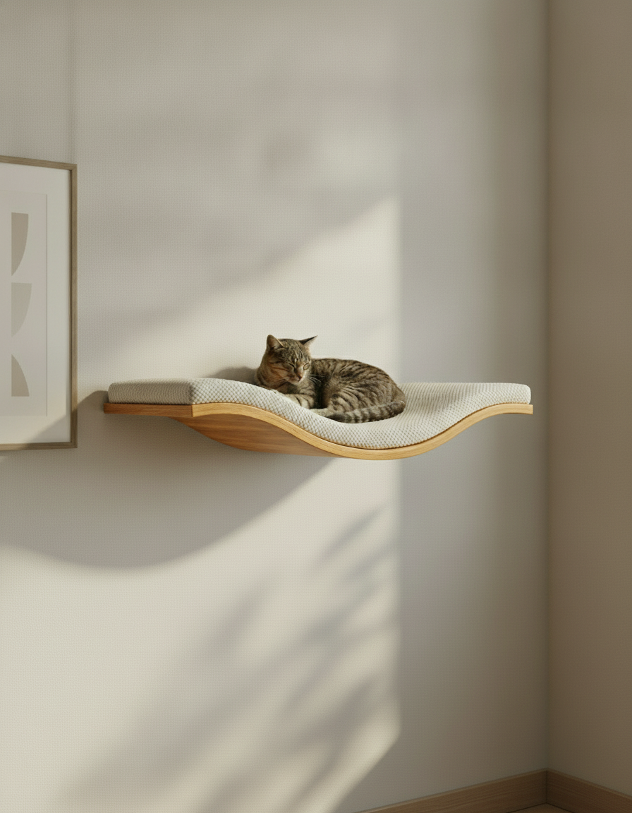 Floating Cat Wall Shelf - The Wavey Retreat in Golden Oak, Cream cushion