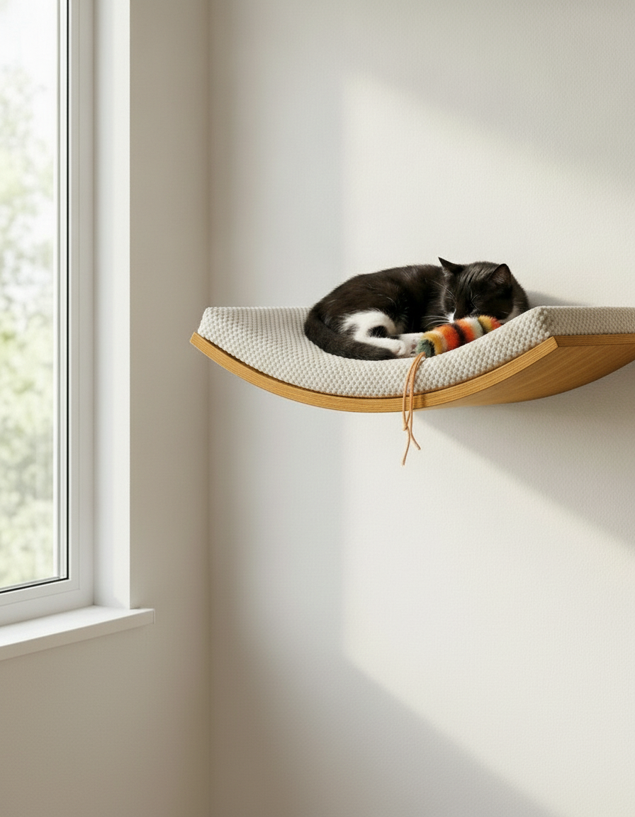 Floating Cat Wall Shelf - Softly Shaped in Golden Oak, Cream cushion