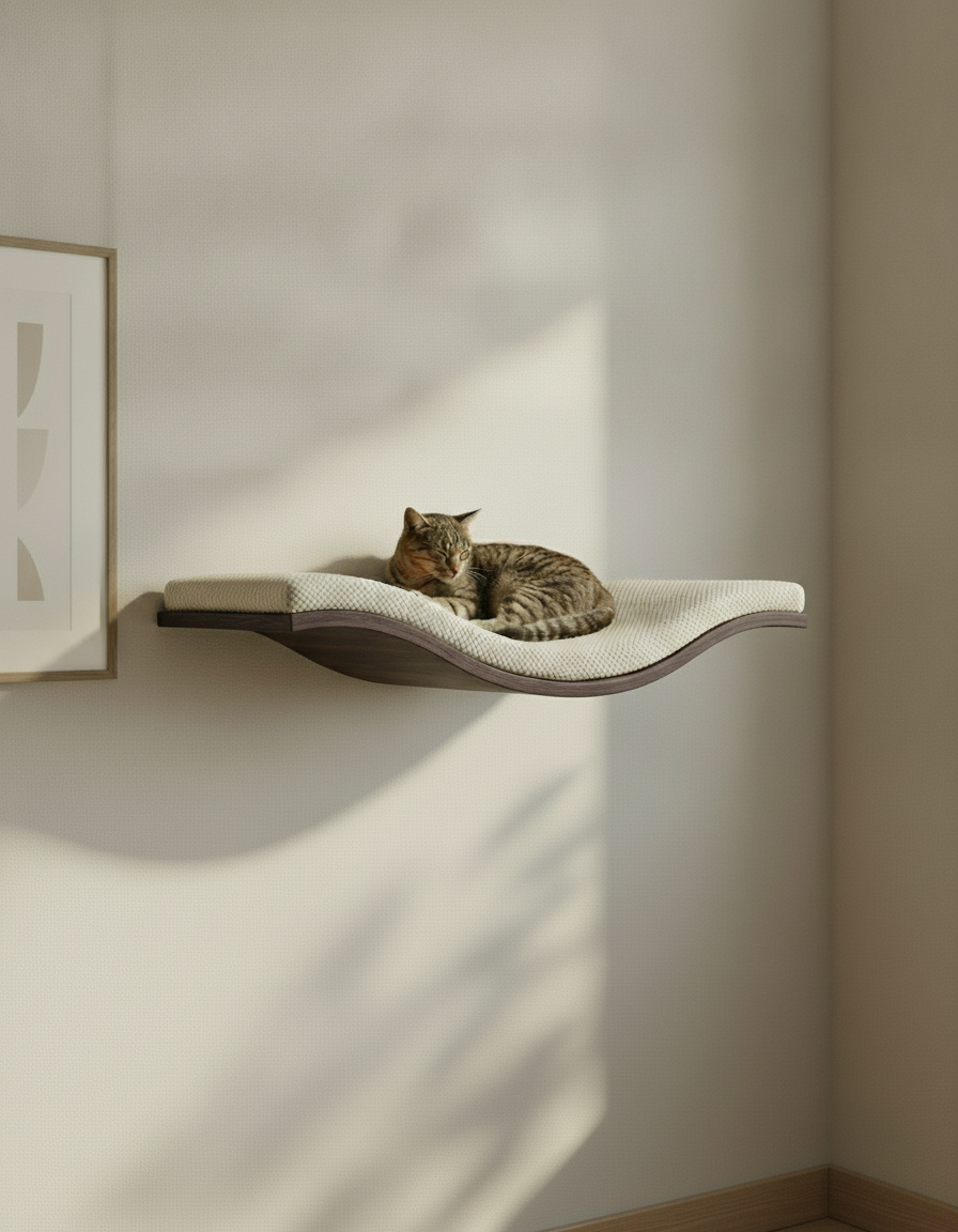 Floating Cat Wall Shelf - The Wavey Retreat in Wenge, Cream cushion
