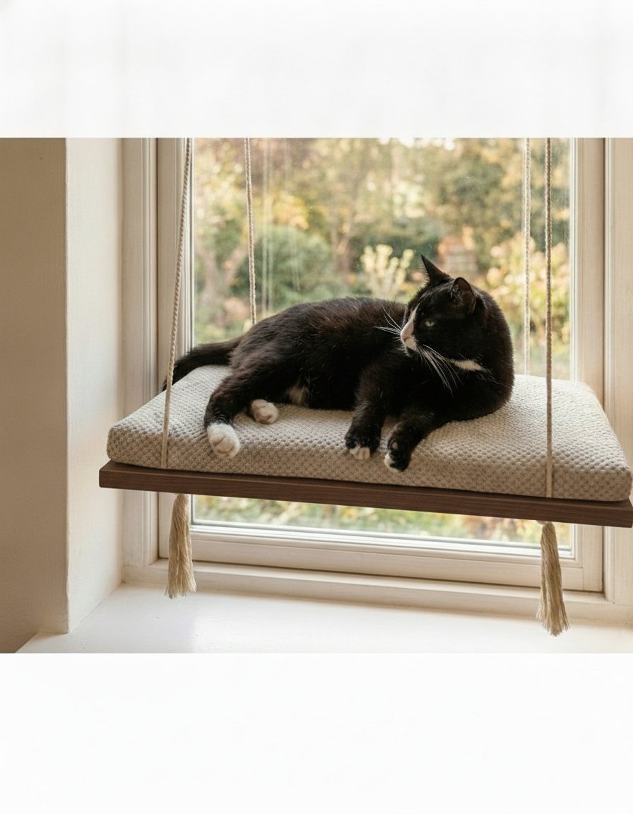 Cat Window Perch - Pine Wood - The Sunny Spot in Wenge, Cream cushion