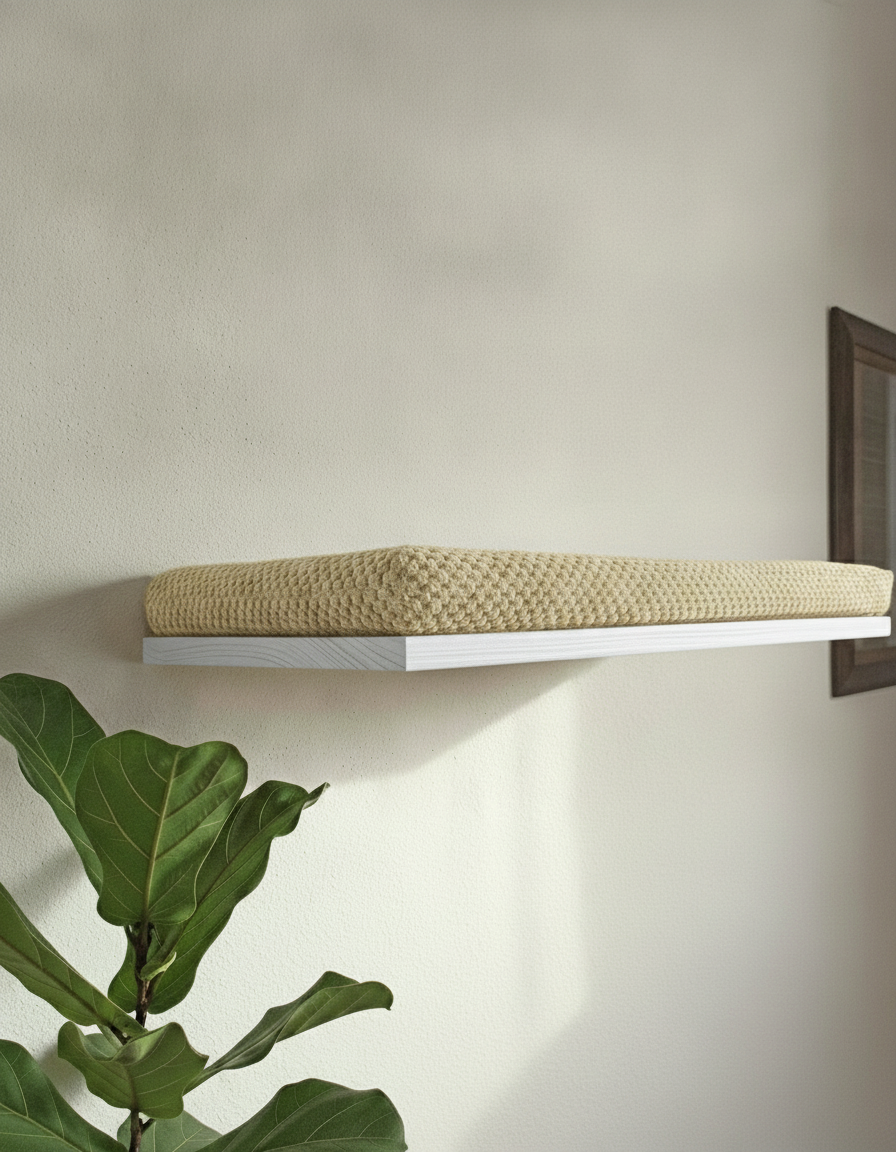 Floating Cat Wall Shelf - The Cozy Nook in White, Cream cushion
