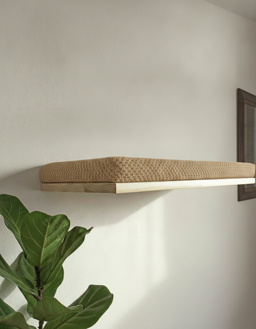 Floating Cat Wall Shelf - The Cozy Nook in Natural Pine, Beige cushion