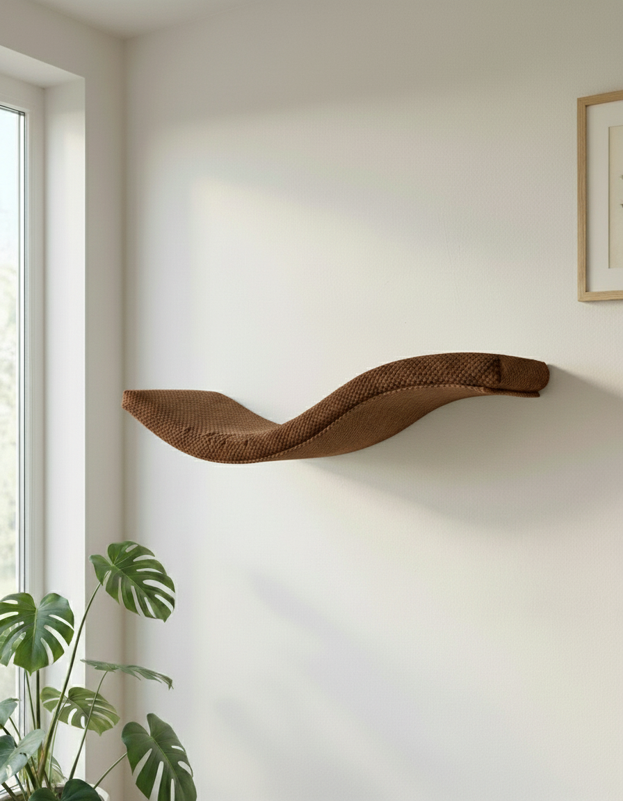Cat Wall Shelf - The Playful Curve with Dark Chocolate DOT cushion