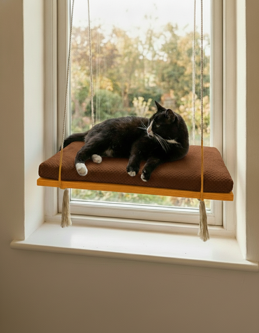 Cat Window Perch - Pine Wood - The Sunny Spot in Golden Oak, Dark Chocolate cushion